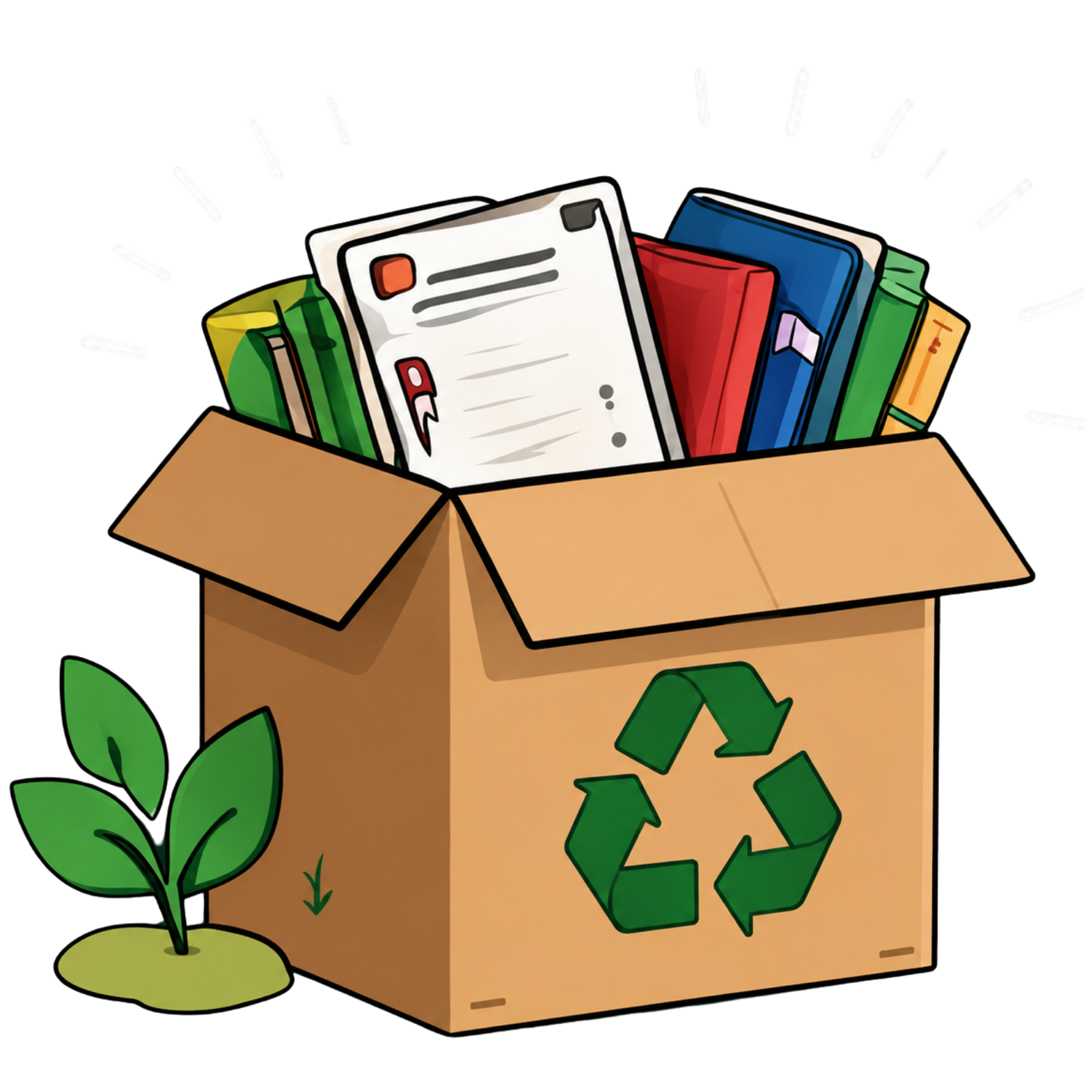 Donation box filled with reusable books and educational supplies