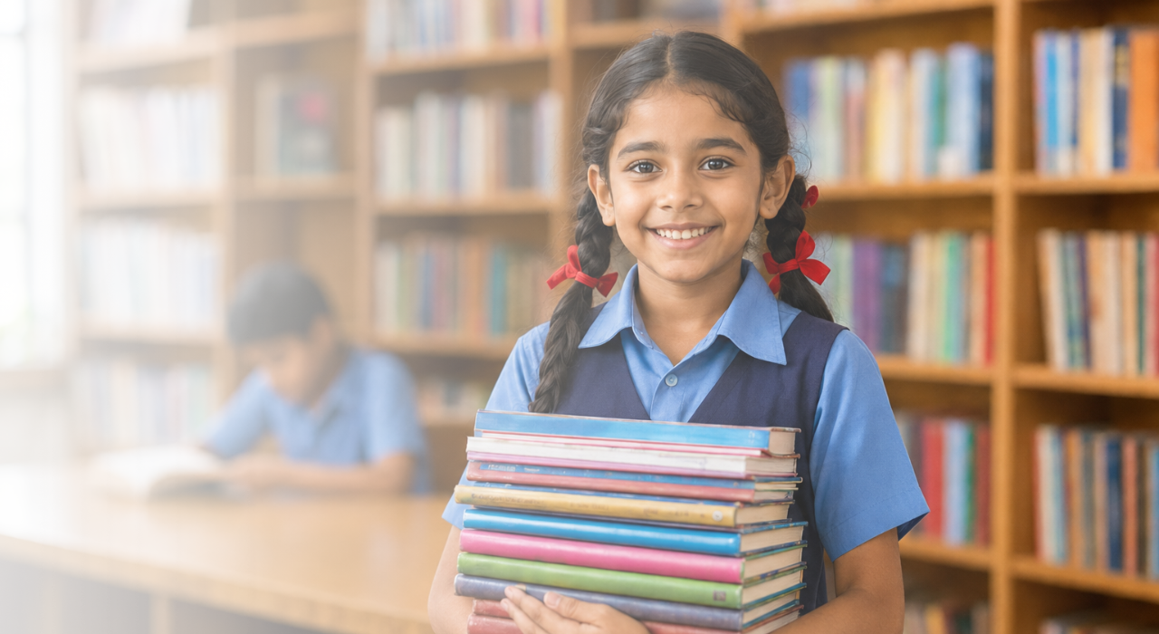 Schoolgirl holding donated books in a library