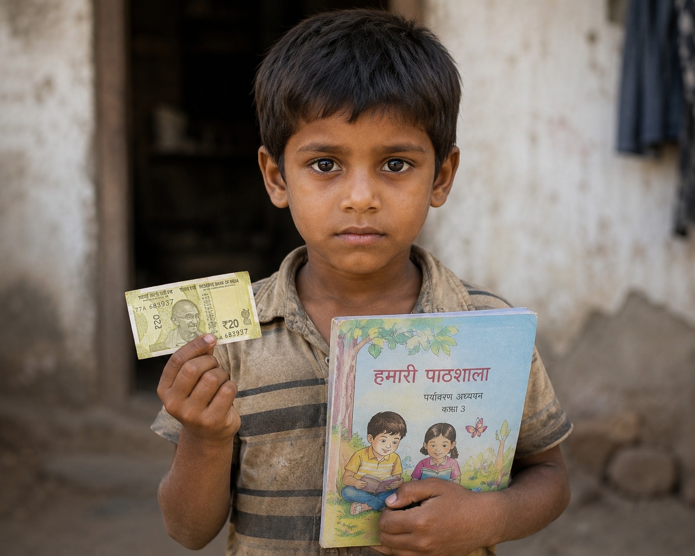 Child holding a schoolbook and a twenty-rupee note